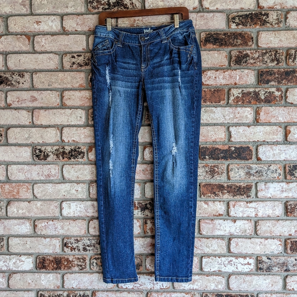 👖 Jade Jeans Distressed Faded Blue Skinny Jeans Y2K Pocket Flaps 11/12 Large 33